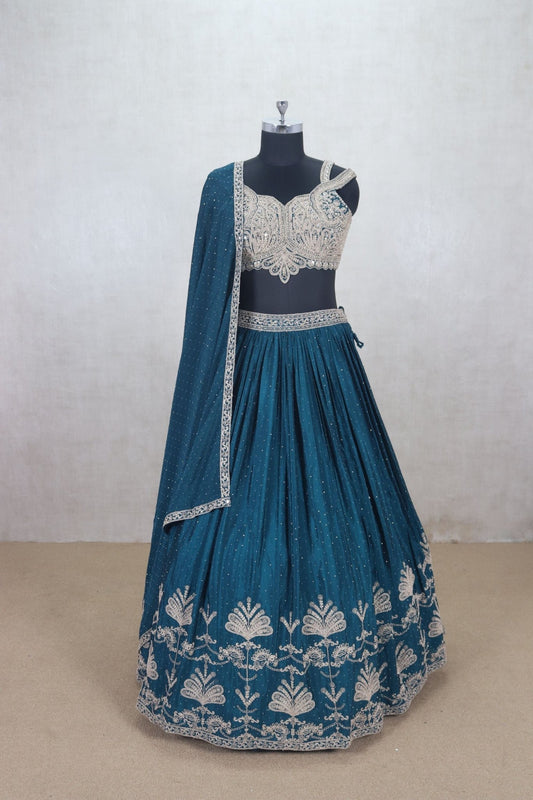 Beautiful Teal Blue Embroidered Lehenga Choli - Mangaldeep NX