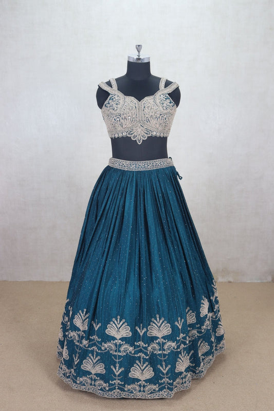 Beautiful Teal Blue Embroidered Lehenga Choli - Mangaldeep NX