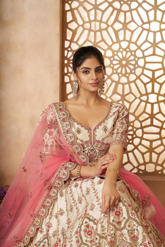 Beautiful White and Pink Embroidered Bridal Lehenga Choli Set with Net Dupatta - Mangaldeep NX