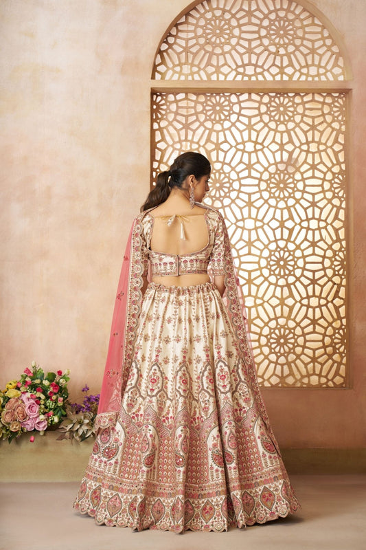 Beautiful White and Pink Embroidered Bridal Lehenga Choli Set with Net Dupatta - Mangaldeep NX