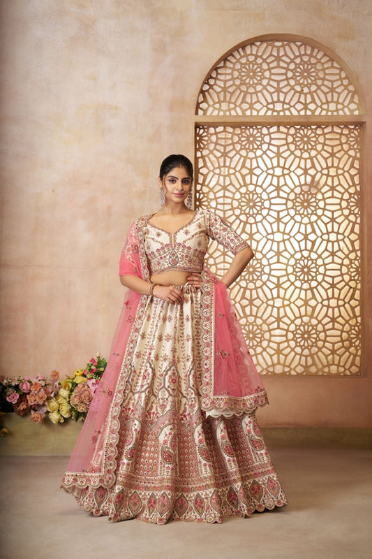 Beautiful White and Pink Embroidered Bridal Lehenga Choli Set with Net Dupatta - Mangaldeep NX