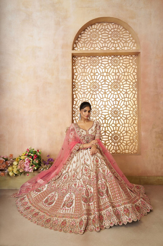 Beautiful White and Pink Embroidered Bridal Lehenga Choli Set with Net Dupatta - Mangaldeep NX