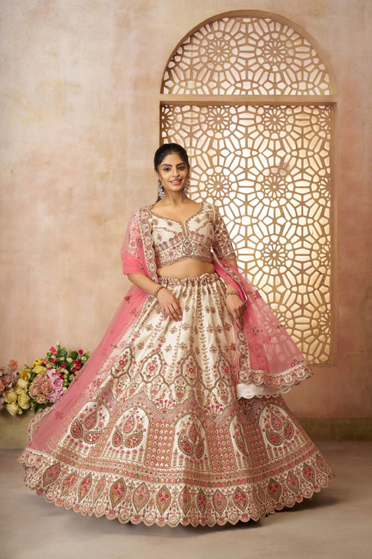 Beautiful White and Pink Embroidered Bridal Lehenga Choli Set with Net Dupatta - Mangaldeep NX