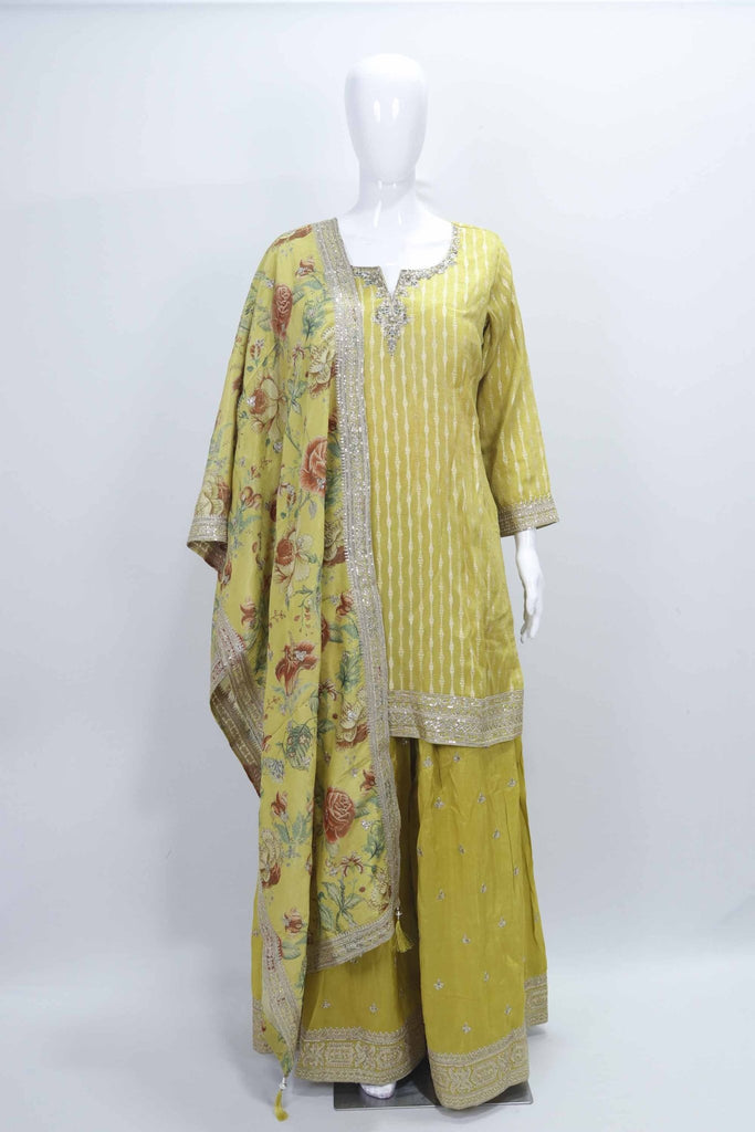 Beautiful Yellow Bandhani Sharara Suit with Floral Dupatta - Mangaldeep NX