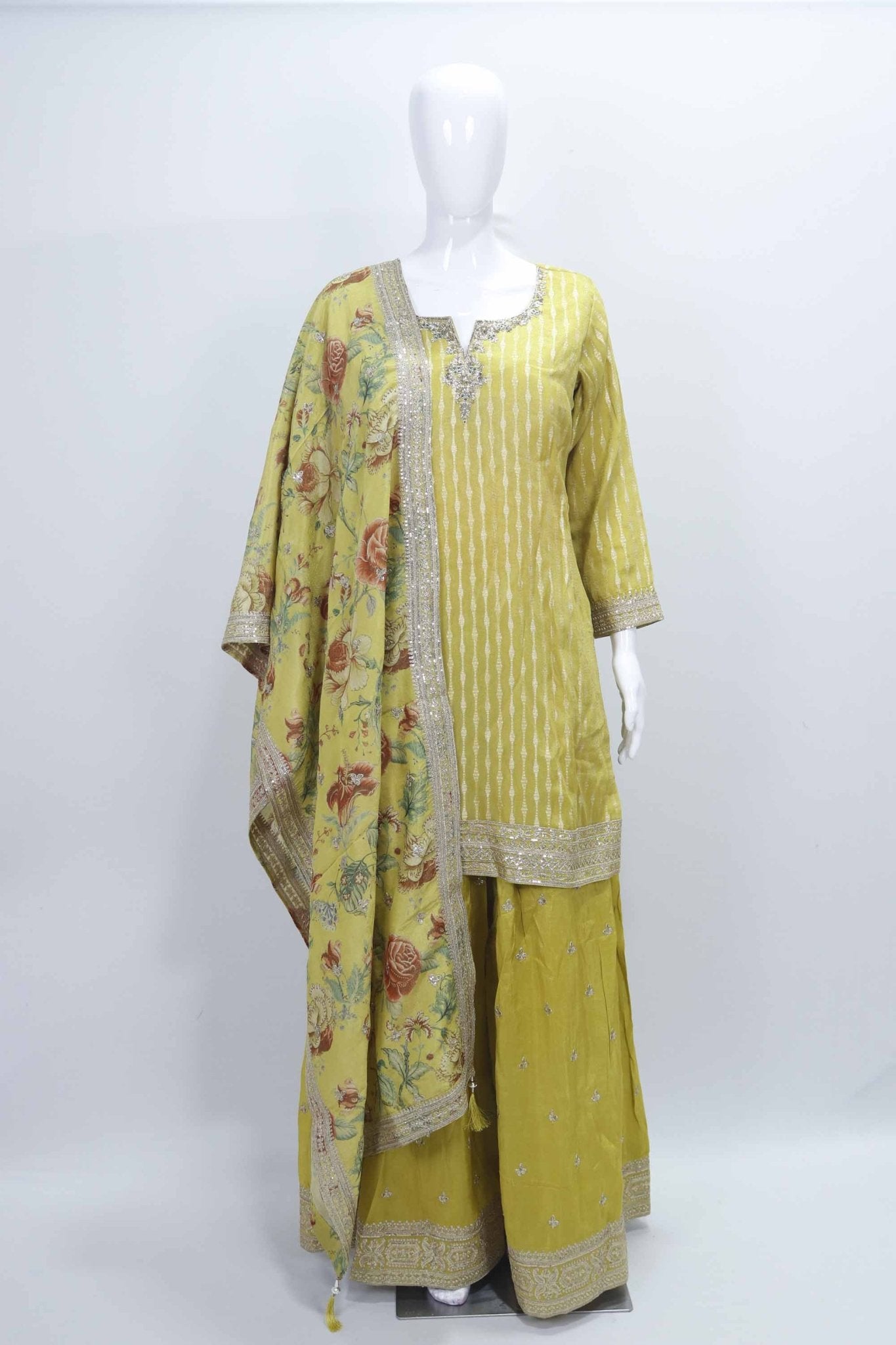 Beautiful Yellow Bandhani Sharara Suit with Floral Dupatta - Mangaldeep NX