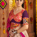 Beige and Magenta Embroidered Navratri Lehenga Choli Set with Bandhani Dupatta - Mangaldeep NX