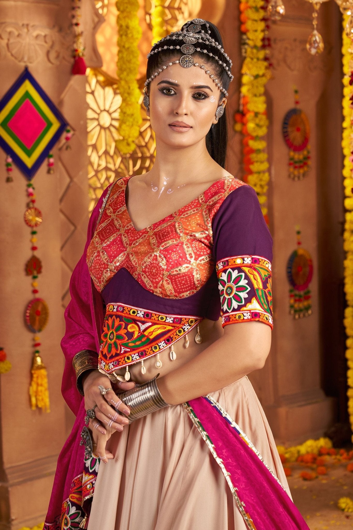 Beige and Magenta Embroidered Navratri Lehenga Choli Set with Bandhani Dupatta - Mangaldeep NX