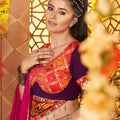 Beige and Magenta Embroidered Navratri Lehenga Choli Set with Bandhani Dupatta - Mangaldeep NX