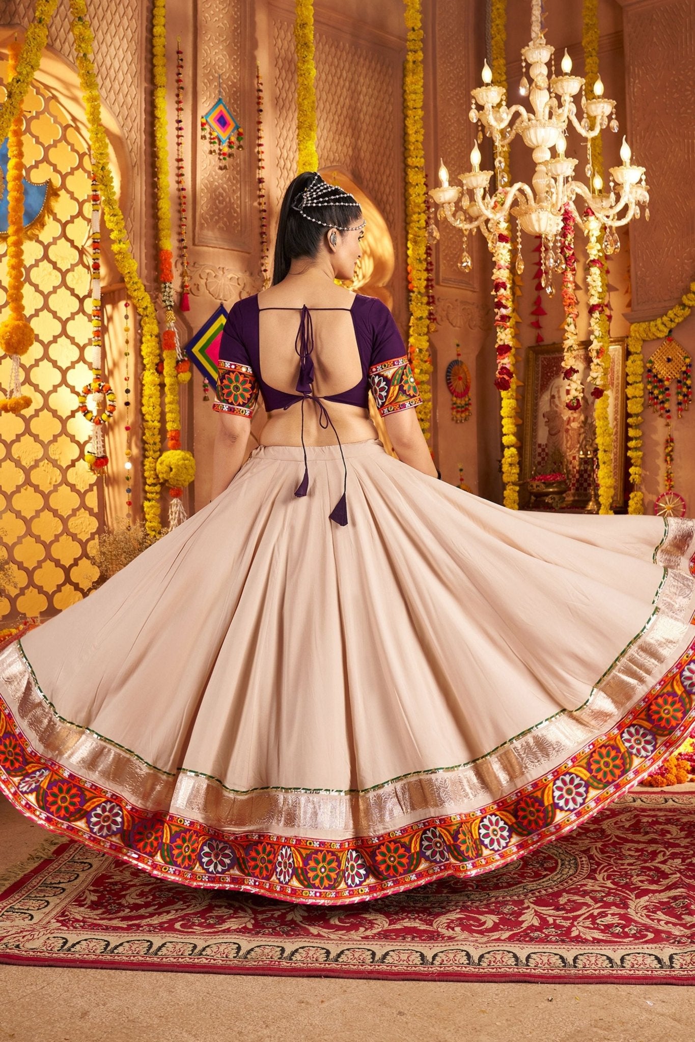 Beige and Magenta Embroidered Navratri Lehenga Choli Set with Bandhani Dupatta - Mangaldeep NX