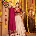Beige and Magenta Embroidered Navratri Lehenga Choli Set with Bandhani Dupatta - Mangaldeep NX