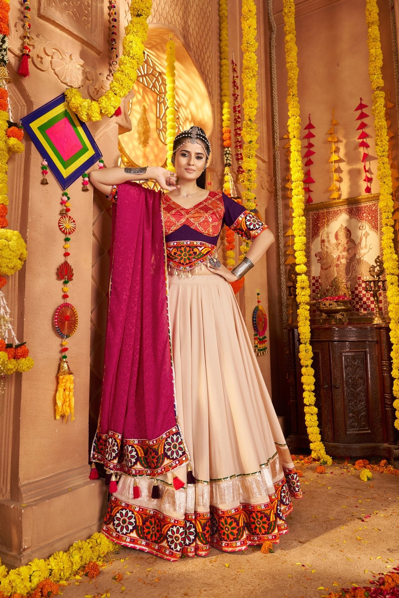Beige and Magenta Embroidered Navratri Lehenga Choli Set with Bandhani Dupatta - Mangaldeep NX