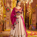 Beige and Magenta Embroidered Navratri Lehenga Choli Set with Bandhani Dupatta - Mangaldeep NX
