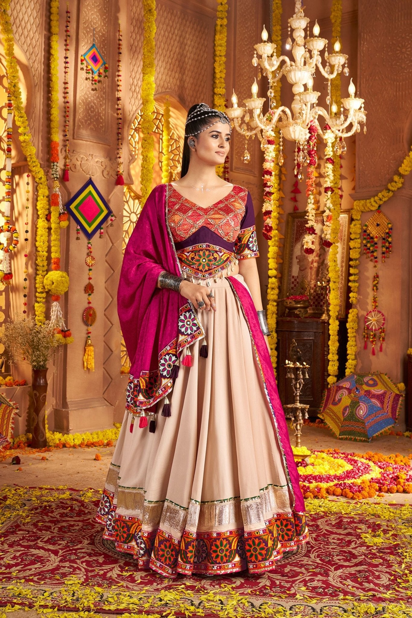 Beige and Magenta Embroidered Navratri Lehenga Choli Set with Bandhani Dupatta - Mangaldeep NX
