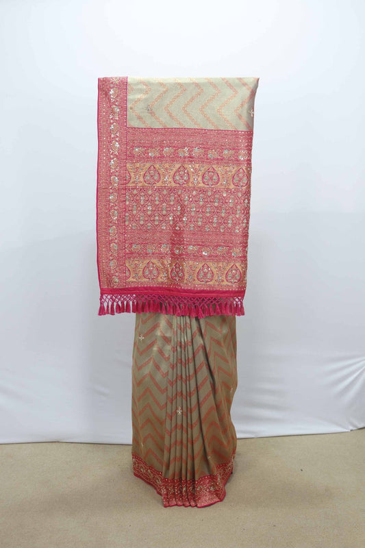 Beige and Pink Bandhani Saree with Mirror Work for Wedding - Mangaldeep NX