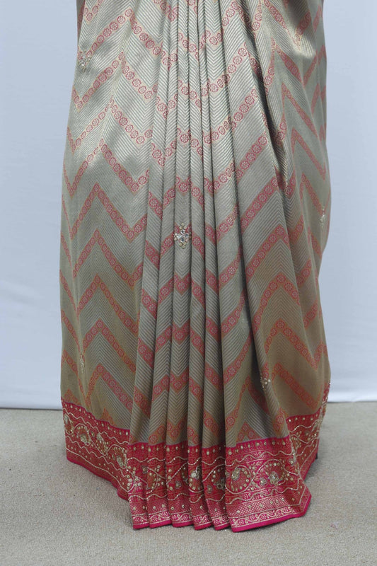 Beige and Pink Bandhani Saree with Mirror Work for Wedding - Mangaldeep NX
