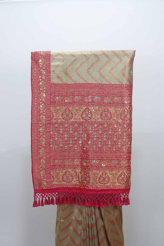 Beige and Pink Bandhani Saree with Mirror Work for Wedding - Mangaldeep NX