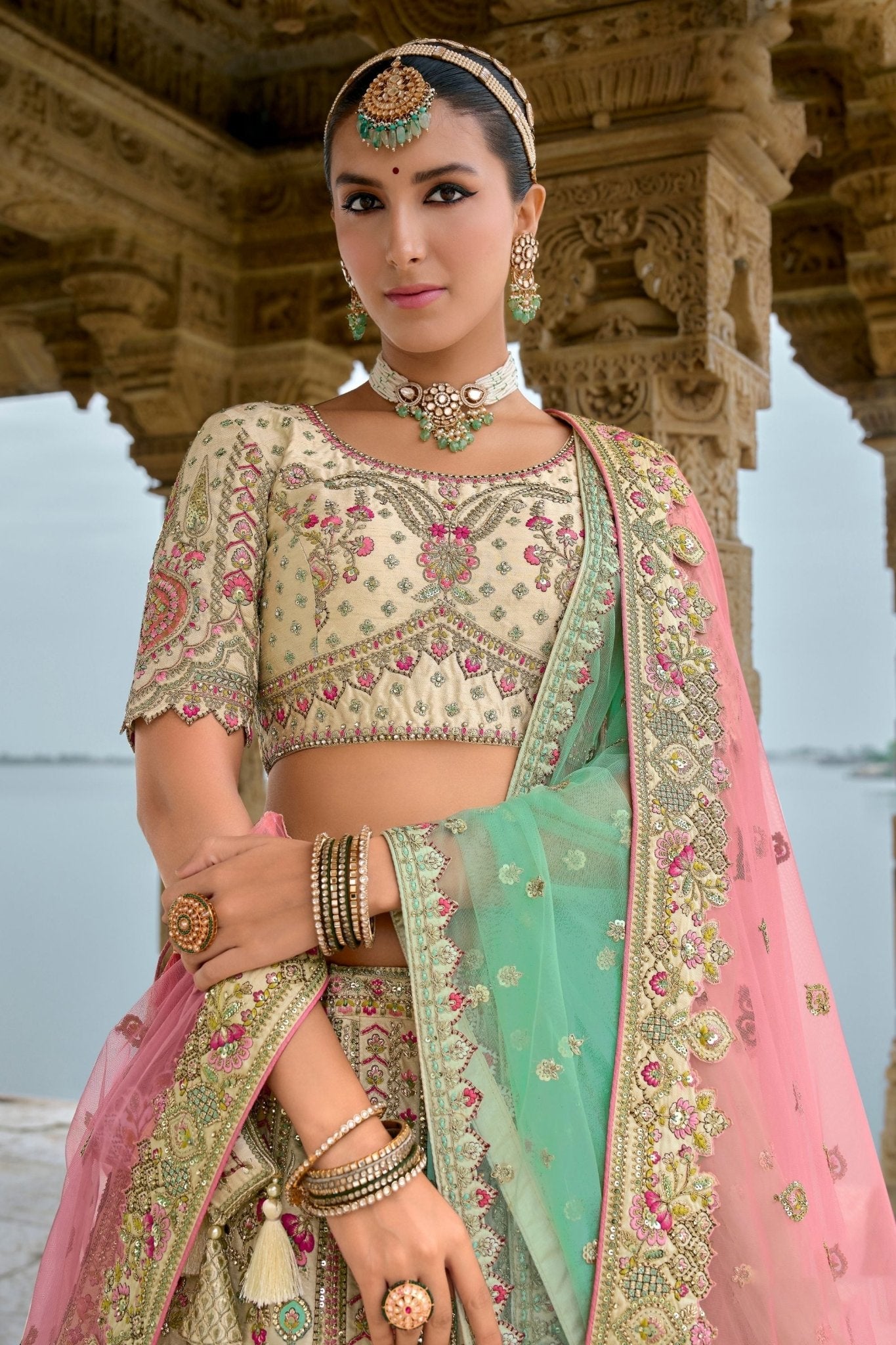 Beige and Pink Bridal Lehenga Choli with Heavy Embroidery and Zari Work - Mangaldeep NX
