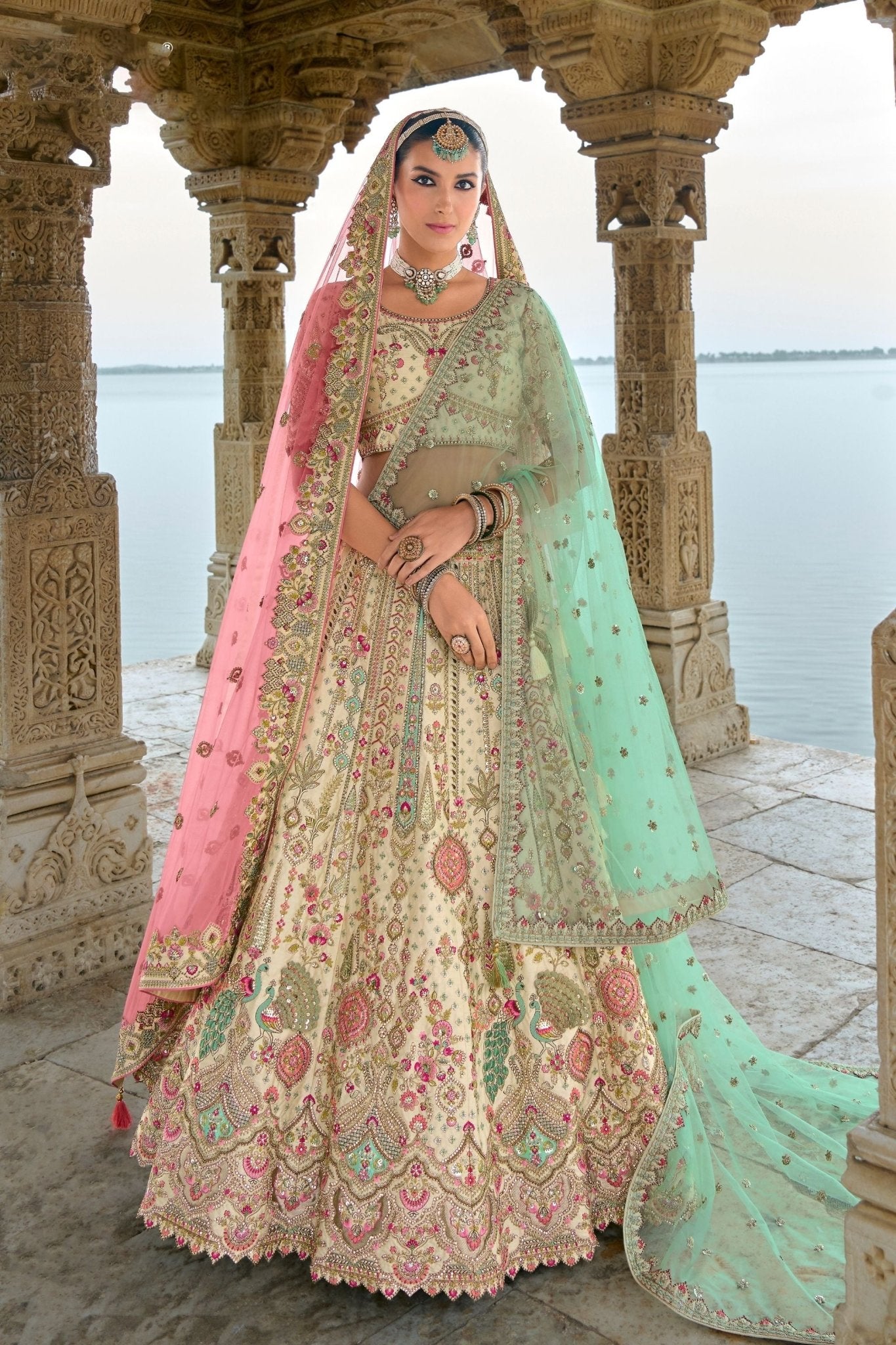 Beige and Pink Bridal Lehenga Choli with Heavy Embroidery and Zari Work - Mangaldeep NX