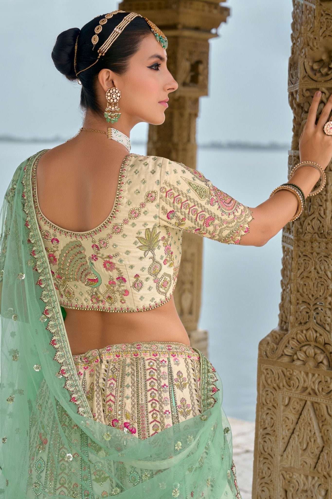 Beige and Pink Bridal Lehenga Choli with Heavy Embroidery and Zari Work - Mangaldeep NX