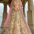 Beige and Pink Bridal Lehenga Choli with Heavy Embroidery and Zari Work - Mangaldeep NX