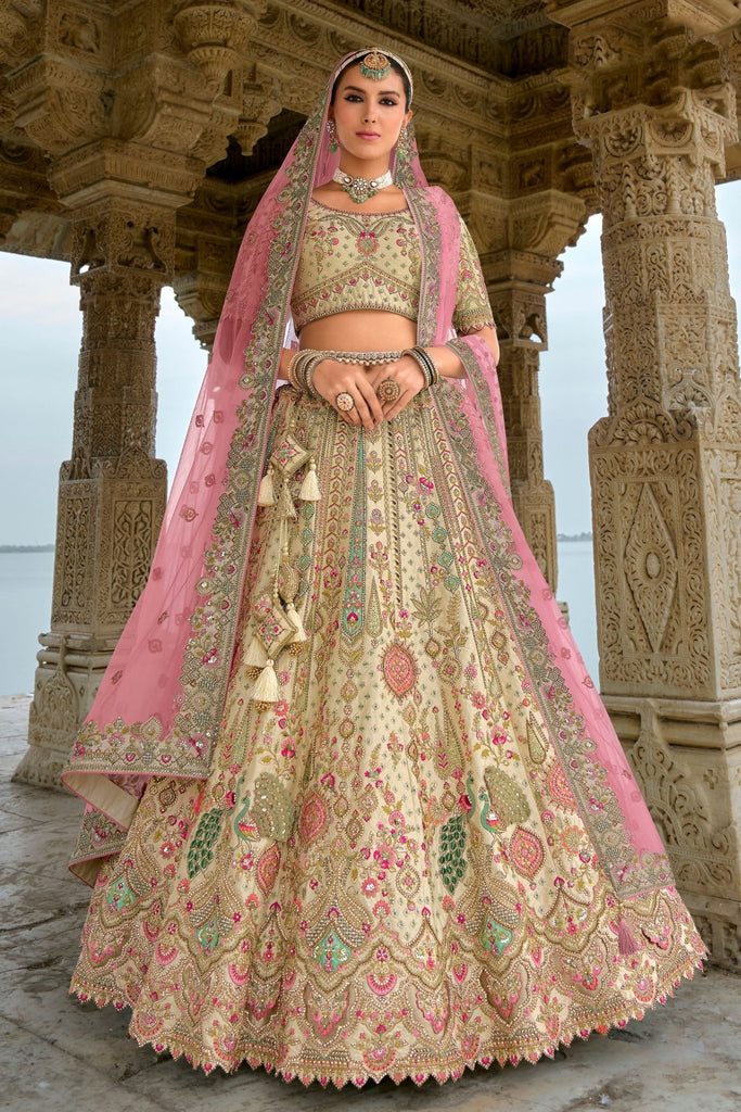 Beige and Pink Bridal Lehenga Choli with Heavy Embroidery and Zari Work - Mangaldeep NX