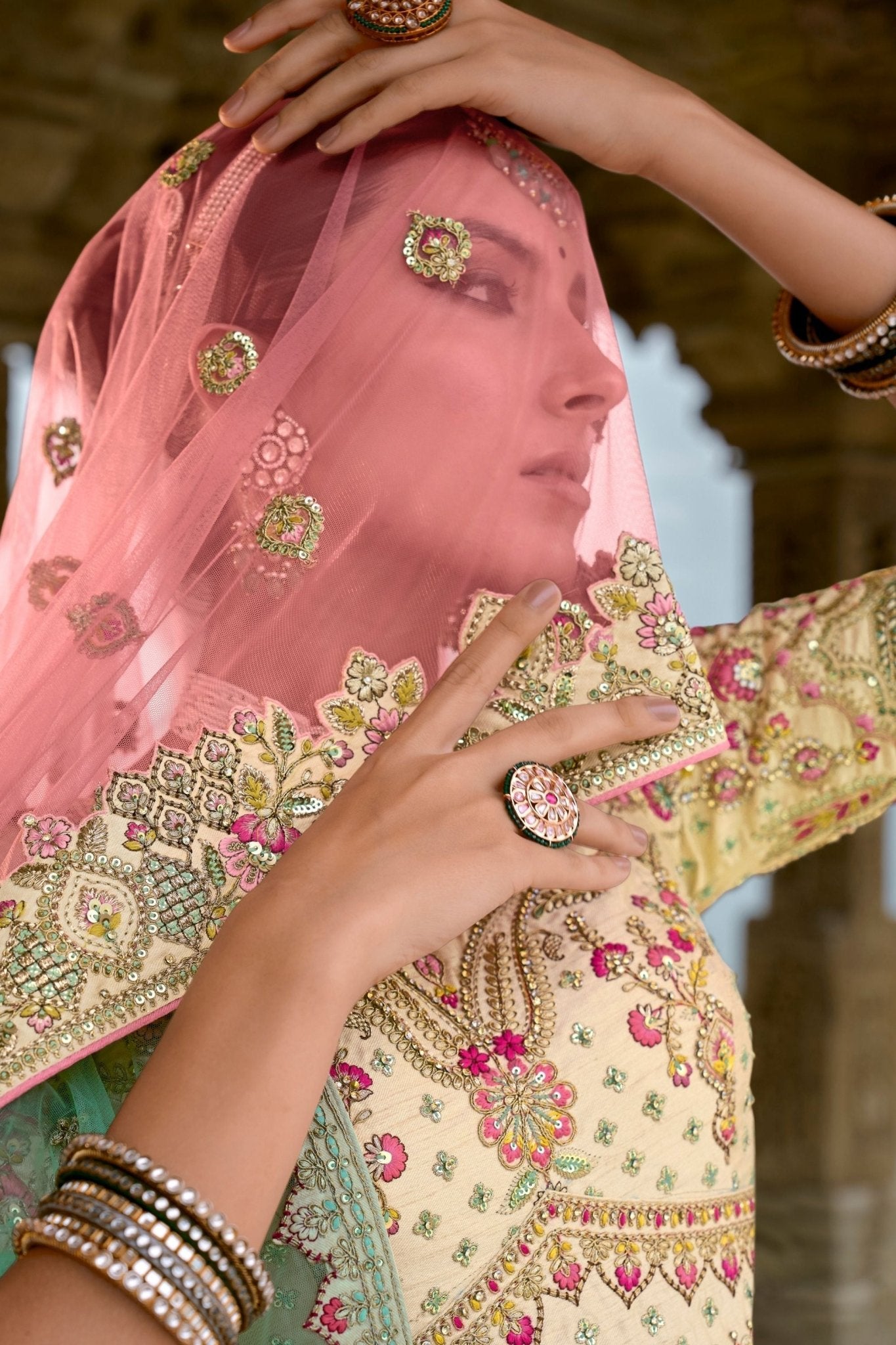 Beige and Pink Bridal Lehenga Choli with Heavy Embroidery and Zari Work - Mangaldeep NX
