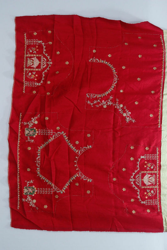Beige Banarasi Silk Saree with Green Circular Motifs and Red Elephant Border Detailing - Mangaldeep NX