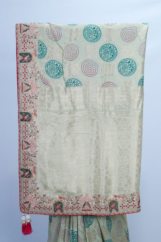 Beige Banarasi Silk Saree with Green Circular Motifs and Red Elephant Border Detailing - Mangaldeep NX