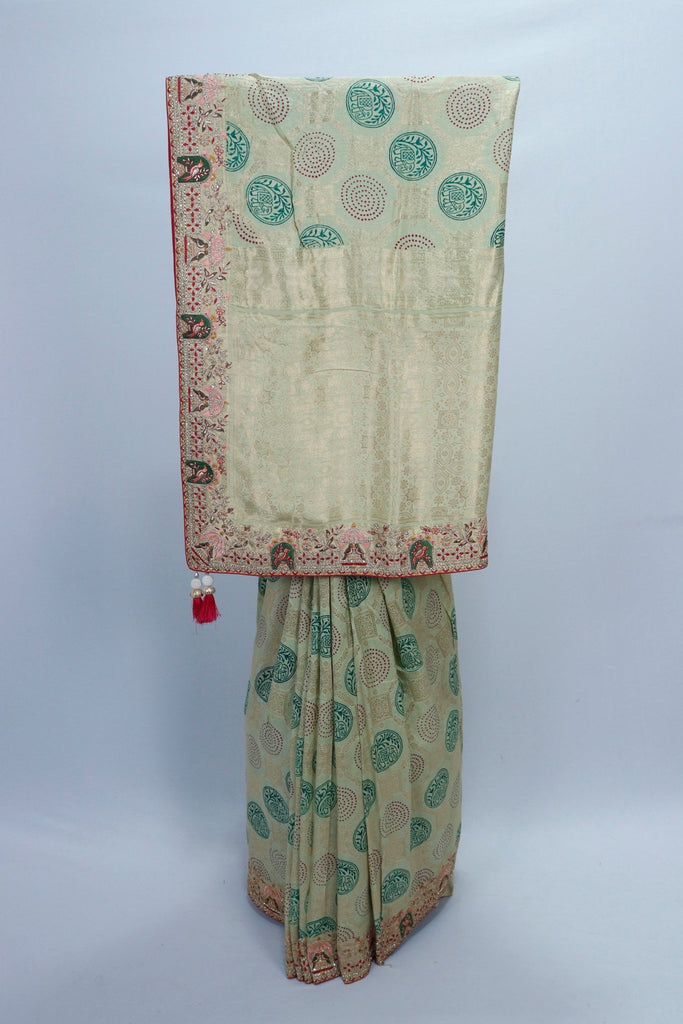 Beige Banarasi Silk Saree with Green Circular Motifs and Red Elephant Border Detailing - Mangaldeep NX
