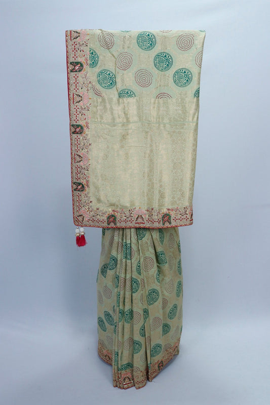 Beige Banarasi Silk Saree with Green Circular Motifs and Red Elephant Border Detailing - Mangaldeep NX