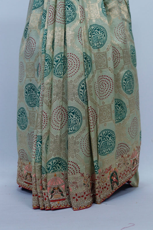 Beige Banarasi Silk Saree with Green Circular Motifs and Red Elephant Border Detailing - Mangaldeep NX