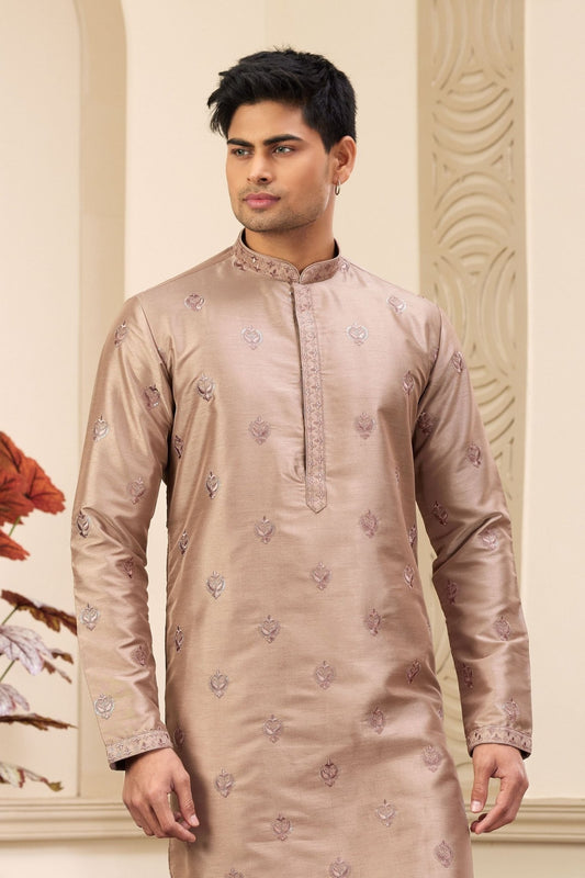Beige Embroidered Kurta with White Churidar Pants for Men - Mangaldeep NX