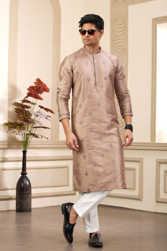 Beige Embroidered Kurta with White Churidar Pants for Men - Mangaldeep NX