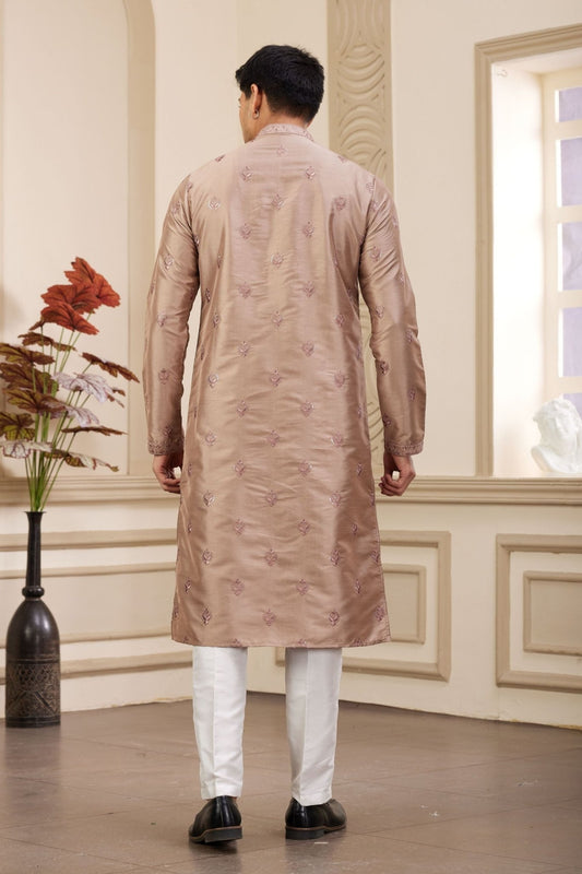 Beige Embroidered Kurta with White Churidar Pants for Men - Mangaldeep NX