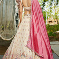 Beige Embroidered Silk Lehenga Choli with Multicolor Thread Work and Pink Dupatta - Mangaldeep NX