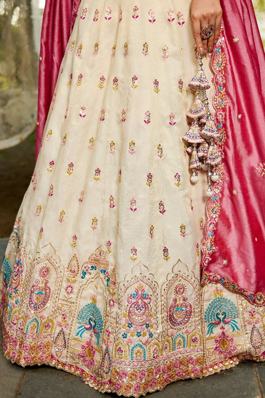 Beige Embroidered Silk Lehenga Choli with Multicolor Thread Work and Pink Dupatta - Mangaldeep NX
