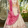 Beige Embroidered Silk Lehenga Choli with Multicolor Thread Work and Pink Dupatta - Mangaldeep NX