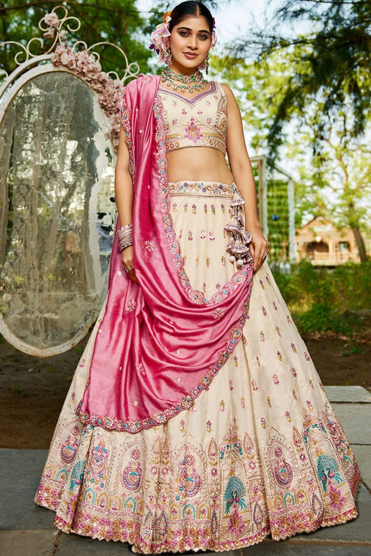 Beige Embroidered Silk Lehenga Choli with Multicolor Thread Work and Pink Dupatta - Mangaldeep NX