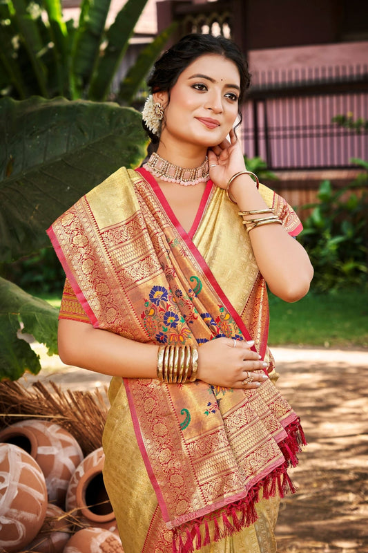 Beige Kanjivaram Silk Saree with Red Zari Woven Border and Multicolor Floral Pallu - Mangaldeep NX