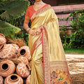 Beige Kanjivaram Silk Saree with Red Zari Woven Border and Multicolor Floral Pallu - Mangaldeep NX
