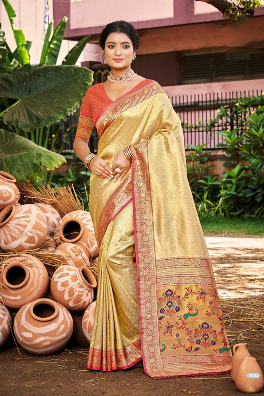 Beige Kanjivaram Silk Saree with Red Zari Woven Border and Multicolor Floral Pallu - Mangaldeep NX