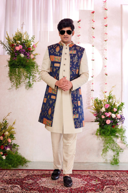 Beige Kurta Set with Multicolor Printed Blue Nehru Jacket for Men - Mangaldeep NX