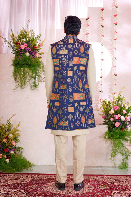 Beige Kurta Set with Multicolor Printed Blue Nehru Jacket for Men - Mangaldeep NX