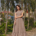 Beige Printed Cotton Anarkali Dress with Ruffled Hem and Cap Sleeves - Mangaldeep NX