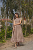 Beige Printed Cotton Anarkali Dress with Ruffled Hem and Cap Sleeves - Mangaldeep NX