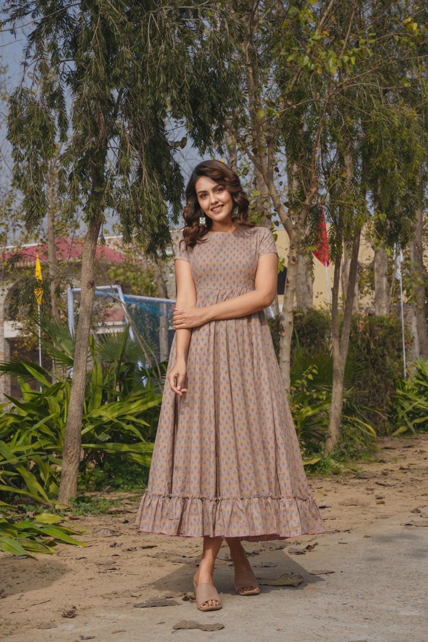 Beige Printed Cotton Anarkali Dress with Ruffled Hem and Cap Sleeves - Mangaldeep NX