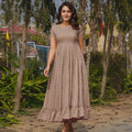 Beige Printed Cotton Anarkali Dress with Ruffled Hem and Cap Sleeves - Mangaldeep NX