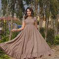 Beige Printed Cotton Anarkali Dress with Ruffled Hem and Cap Sleeves - Mangaldeep NX
