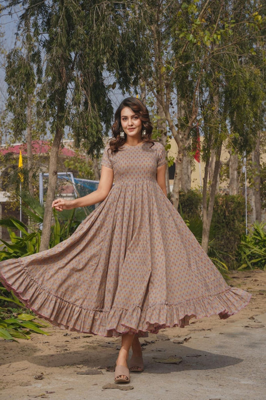 Beige Printed Cotton Anarkali Dress with Ruffled Hem and Cap Sleeves - Mangaldeep NX