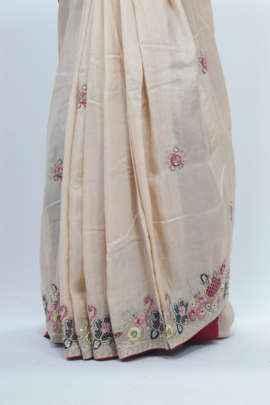 Beige Silk Saree with Multicolor Floral Embroidery and Paisley Border Detailing - Mangaldeep NX